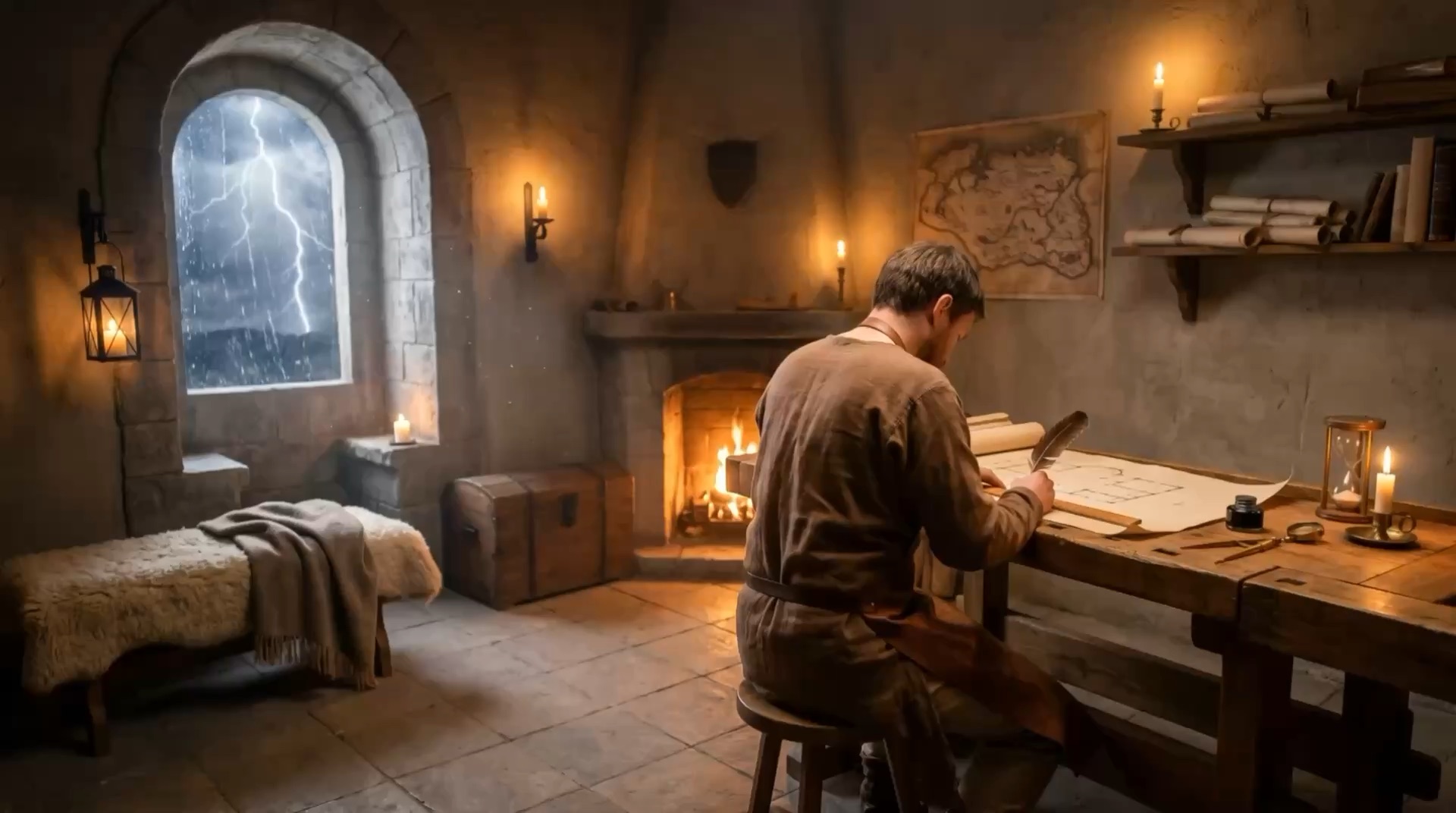 A craftsman drafts a plan at his bench in a stone tower room while a storm beats at the window; under the lens, the same room is a modern software office and the same person is typing.